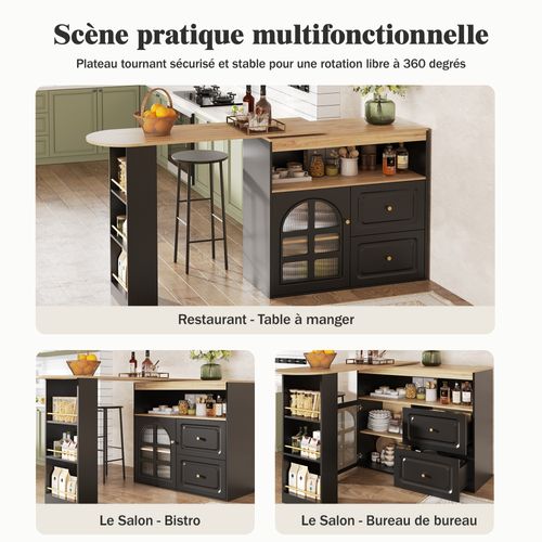 Buffet Bar Tournant Noir Design - 360°, Étagères Et Vitre Courbée - Pour Salon/chambre