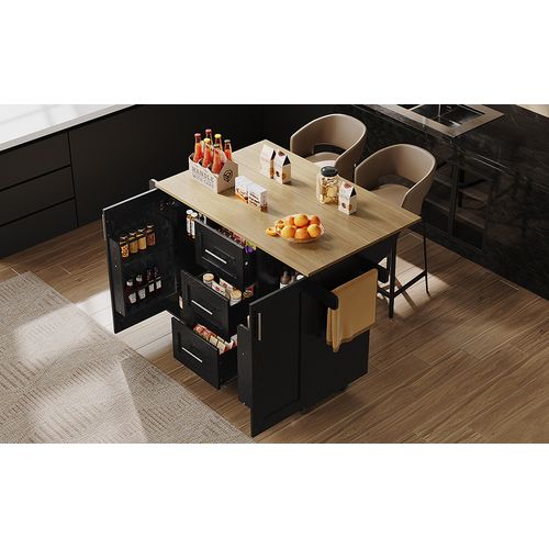 Buffet De Cuisine Noir Et Bois - Cloisons Et Roues Amovibles - Table De Travail, Buffet Et Chariot