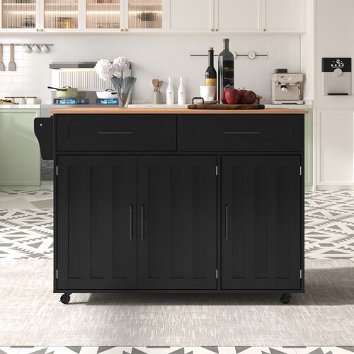 Buffet De Salle à Manger Noir 129 Cm - Plateau Bois Massif Pliant - Rangements, Roues/pieds Bois