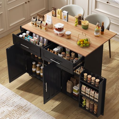 Buffet De Salle à Manger Noir 129 Cm - Plateau Bois Massif Pliant - Rangements, Roues/pieds Bois