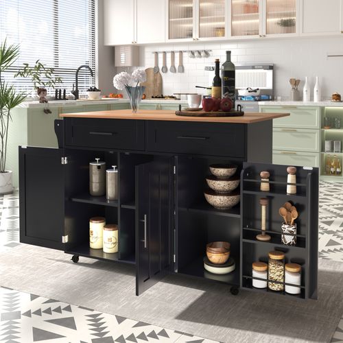 Buffet De Salle à Manger Noir 129 Cm - Plateau Bois Massif Pliant - Rangements, Roues/pieds Bois