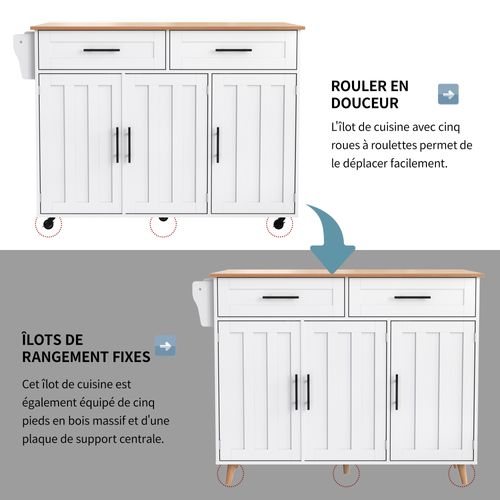 Buffet 129 Cm Bois Massif Et Blanc - Plateau Pliant, Roues/pieds Bois - Porte Rangement