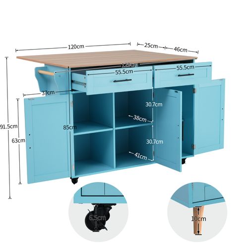 Buffet 129 Cm Bois Massif Et Bleu - Plateau Pliant, Roues/pieds Bois - Porte Rangement