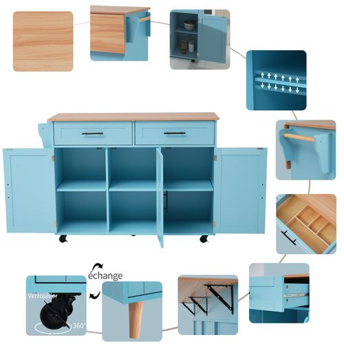 Buffet 129 Cm Bois Massif Et Bleu - Plateau Pliant, Roues/pieds Bois - Porte Rangement