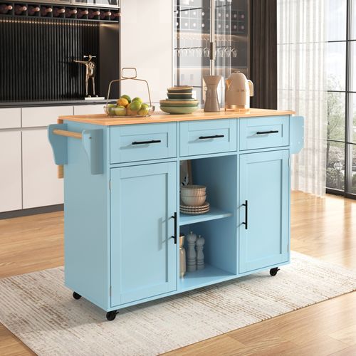 Buffet Repas Bleu Et Bois 139 Cm - Plateau Pliant, Roues - Design Pratique Et Élégant