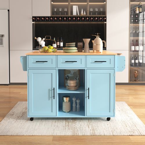 Buffet Repas Bleu Et Bois 139 Cm - Plateau Pliant, Roues - Design Pratique Et Élégant
