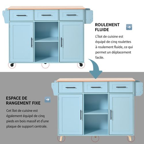 Buffet Repas Bleu Et Bois 139 Cm - Plateau Pliant, Roues - Design Pratique Et Élégant