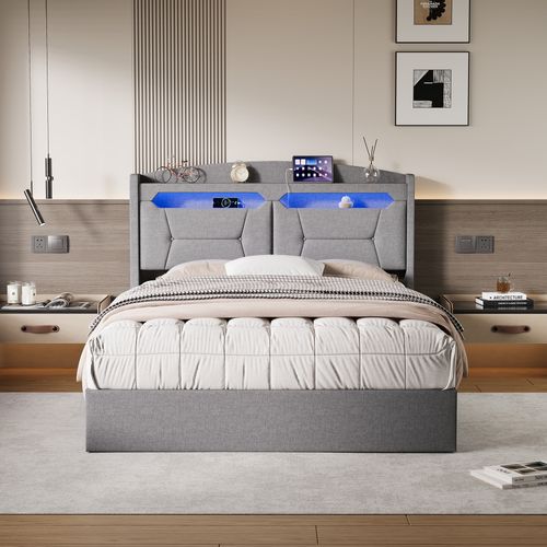 Lit Coffre 140x190cm Avec LED Et Ports USB, Tête De Lit Rembourrée Et Espace De Rangement, Gris, Lin