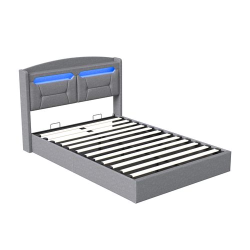 Lit Coffre 140x190cm Avec LED Et Ports USB, Tête De Lit Rembourrée Et Espace De Rangement, Gris, Lin