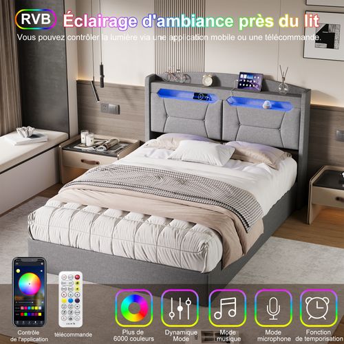 Lit Coffre 140x190cm Avec LED Et Ports USB, Tête De Lit Rembourrée Et Espace De Rangement, Gris, Lin