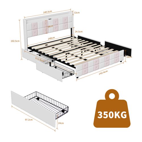Lit à Tiroirs 140x200cm Avec Lumière LED Et Port USB, Doté De 4 Tiroirs De Rangement, Blanc Et Rose