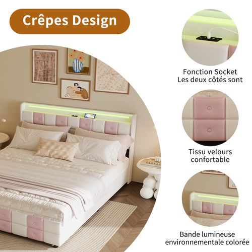 Lit à Tiroirs 140x200cm Avec Lumière LED Et Port USB, Doté De 4 Tiroirs De Rangement, Blanc Et Rose