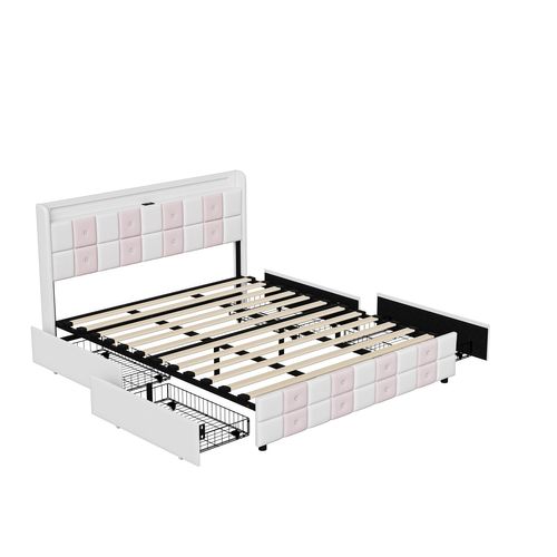 Lit à Tiroirs 160x200cm Avec Lumière LED Et Port USB, Doté De 4 Tiroirs De Rangement, Blanc Et Rose