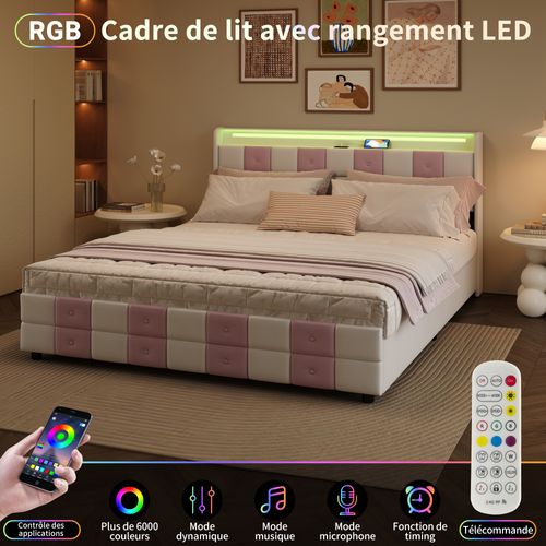Lit à Tiroirs 160x200cm Avec Lumière LED Et Port USB, Doté De 4 Tiroirs De Rangement, Blanc Et Rose