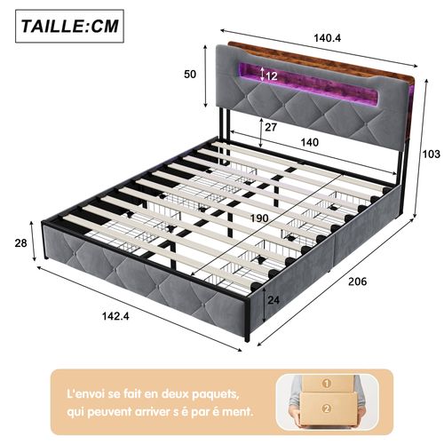 Lit Double Capitonné 140x190 Cm Avec Lumière LED Et Port USB, 4 Tiroirs, Revêtement En Velours, Gris