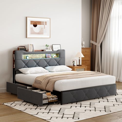 Lit Double Capitonné 140x190 Cm Avec Lumière LED Et Port USB, 4 Tiroirs, Revêtement En Velours, Gris