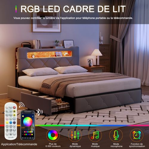 Lit Double Capitonné 140x190 Cm Avec Lumière LED Et Port USB, 4 Tiroirs, Revêtement En Velours, Gris