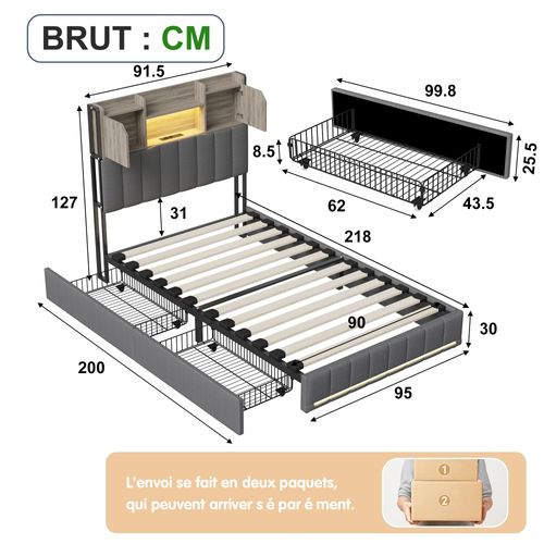 Lit Simple Capitonné 90x200 Cm, Avec 2 Tiroirs Et Une Tête De Lit LED Avec Ports USB Et Type-c, Gris