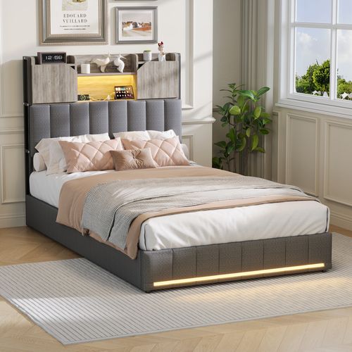 Lit Simple Capitonné 90x200 Cm, Avec 2 Tiroirs Et Une Tête De Lit LED Avec Ports USB Et Type-c, Gris