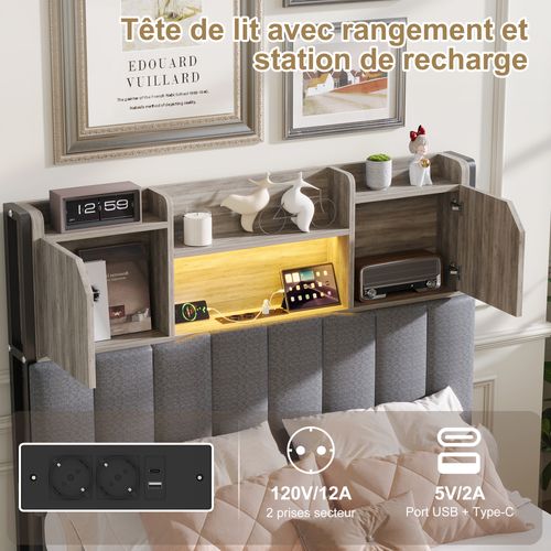 Lit Simple Capitonné 90x200 Cm, Avec 2 Tiroirs Et Une Tête De Lit LED Avec Ports USB Et Type-c, Gris