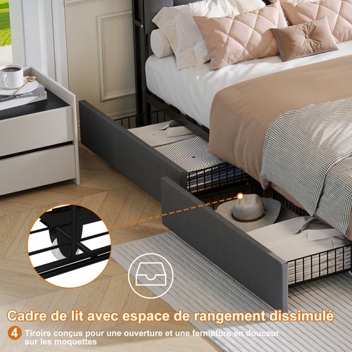 Lit Simple Capitonné 90x200 Cm, Avec 2 Tiroirs Et Une Tête De Lit LED Avec Ports USB Et Type-c, Gris