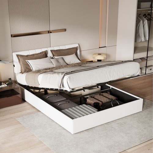 Lit Coffre 140x190cm Avec Compartiments De Rangement Et Prise Électrique ,tête De Lit Réglable