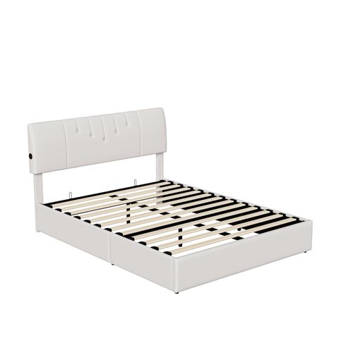 Lit Coffre 140x190cm Avec Compartiments De Rangement Et Prise Électrique ,tête De Lit Réglable