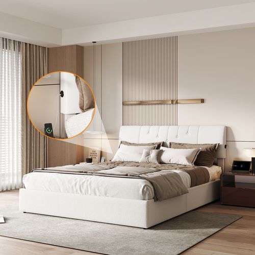 Lit Coffre 140x190cm Avec Compartiments De Rangement Et Prise Électrique ,tête De Lit Réglable