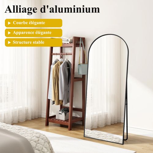 Miroir Pleine Longueur, 173 * 63 Cm, Peut Être Suspendu Ou Posé, Cadre En Alliage D'aluminium, Noir