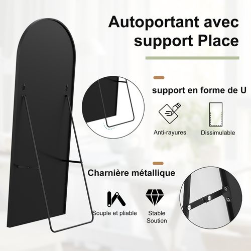Miroir Pleine Longueur, 173 * 63 Cm, Peut Être Suspendu Ou Posé, Cadre En Alliage D'aluminium, Noir