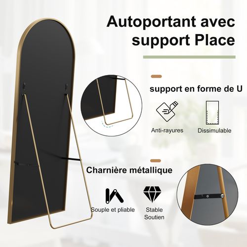 Miroir Pleine Longueur, 173 * 63 Cm, Peut Être Suspendu Ou Posé, Cadre En Alliage D'aluminium, Doré