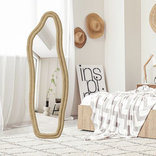 Miroir Sur Pied Rembourré Au Design Ondulé - 160 X 50 Cm - Cadre En Velours - Doré