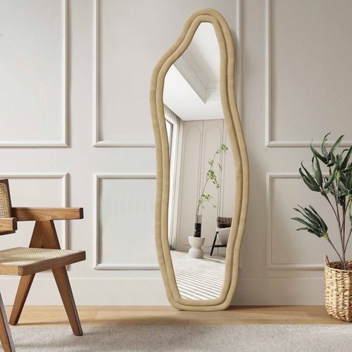 Miroir Sur Pied Rembourré Au Design Ondulé - 160 X 50 Cm - Cadre En Velours - Doré