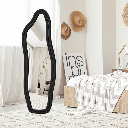 Miroir Sur Pied Rembourré Au Design Ondulé - 160 X 50 Cm - Cadre En Velours - Noir