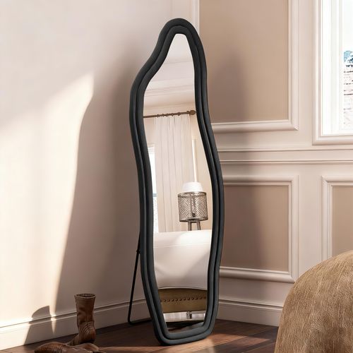 Miroir Sur Pied Rembourré Au Design Ondulé - 160 X 50 Cm - Cadre En Velours - Noir