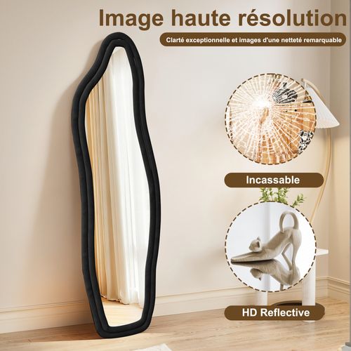 Miroir Sur Pied Rembourré Au Design Ondulé - 160 X 50 Cm - Cadre En Velours - Noir