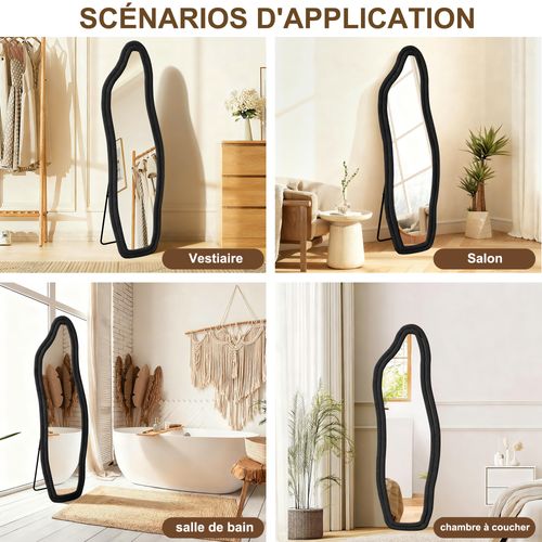 Miroir Sur Pied Rembourré Au Design Ondulé - 160 X 50 Cm - Cadre En Velours - Noir