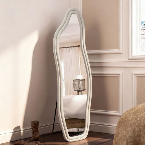 Miroir Sur Pied Rembourré Au Design Ondulé - 160 X 50 Cm - Cadre En Velours -blanc