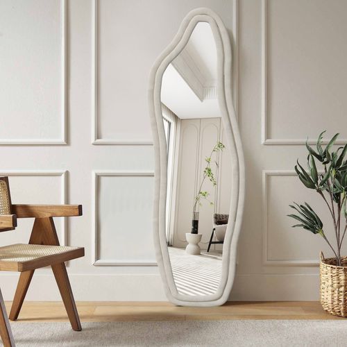Miroir Sur Pied Rembourré Au Design Ondulé - 160 X 50 Cm - Cadre En Velours -blanc