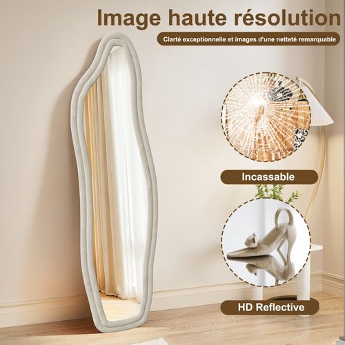 Miroir Sur Pied Rembourré Au Design Ondulé - 160 X 50 Cm - Cadre En Velours -blanc