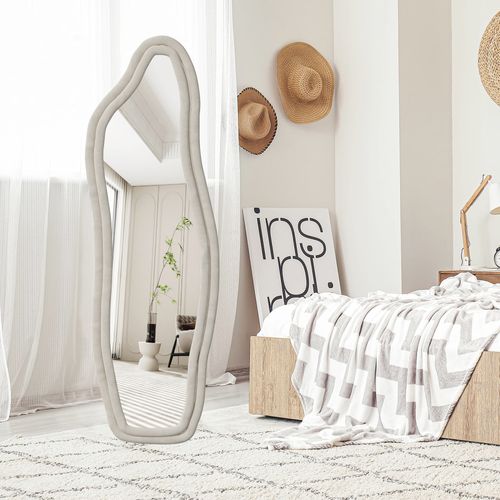 Miroir Pleine Longueur 140x45 Cm, Cadre En Velours, Peut Être Accroché Ou Posé à La Verticale, Blanc