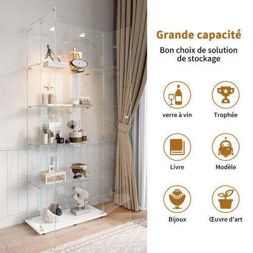 Vitrine En Verre Avec Éclairage Tactile, Cinq Étagères Avec Deux Portes, 78 X 34 X 186 Cm, Blanc