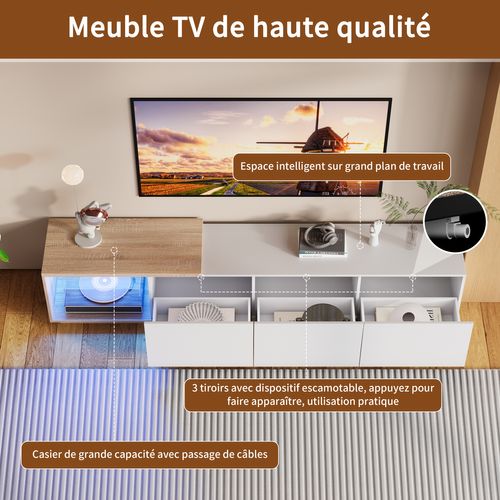 Meuble TV Extensible Avec 3 Tiroirs, Éclairage LED, Convient Aux Téléviseurs De 65 Pouces, Blanc