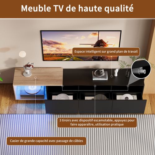 Meuble TV Extensible Avec 3 Tiroirs, Éclairage LED, Convient Aux Téléviseurs De 65 Pouces, Noir