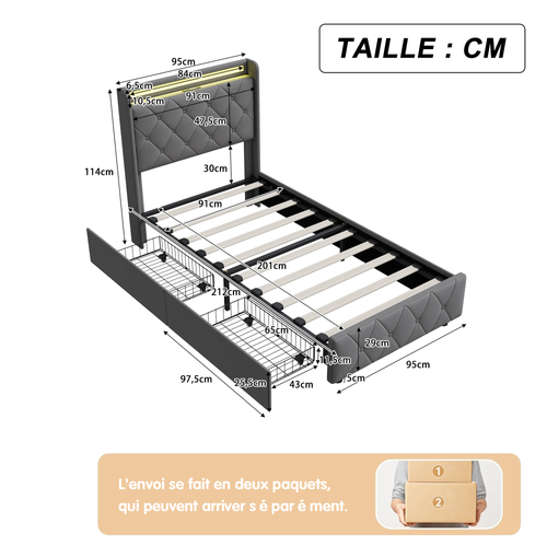 Lit Simple 90x200cm, Avec LED Et Ports USB, Cadre De Lit à Lattes, 2 Tiroirs, Gris