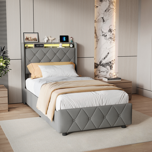 Lit Simple 90x200cm, Avec LED Et Ports USB, Cadre De Lit à Lattes, 2 Tiroirs, Gris