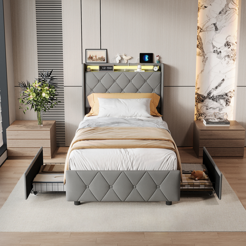 Lit Simple 90x200cm, Avec LED Et Ports USB, Cadre De Lit à Lattes, 2 Tiroirs, Gris