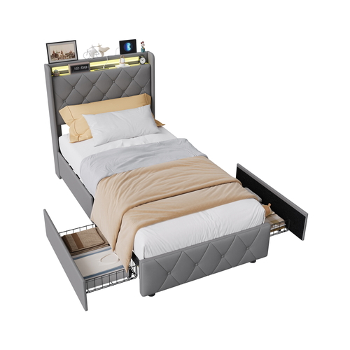 Lit Simple 90x200cm, Avec LED Et Ports USB, Cadre De Lit à Lattes, 2 Tiroirs, Gris