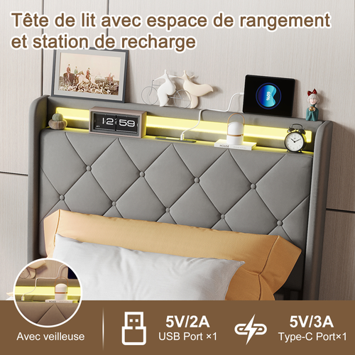 Lit Simple 90x200cm, Avec LED Et Ports USB, Cadre De Lit à Lattes, 2 Tiroirs, Gris