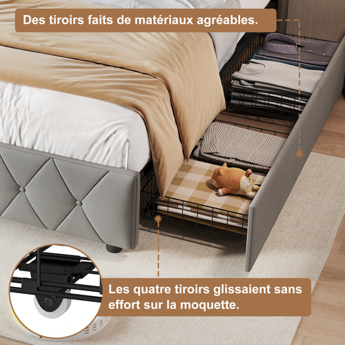 Lit Simple 90x200cm, Avec LED Et Ports USB, Cadre De Lit à Lattes, 2 Tiroirs, Gris